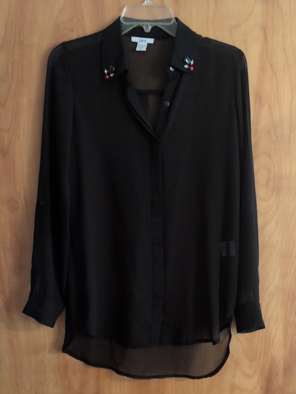 Bar III Black Sheer Button-Up Blouse with Jeweled Collar